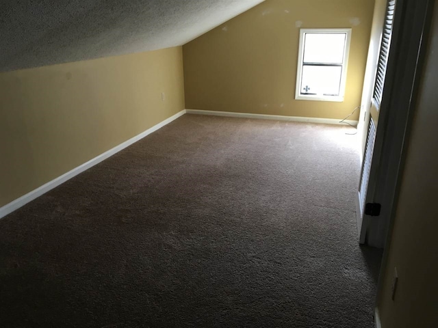 additional living space featuring baseboards, carpet, vaulted ceiling, and a textured ceiling