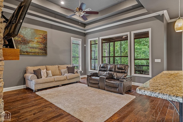 living area with baseboards, ceiling fan, a raised ceiling, and ornamental molding