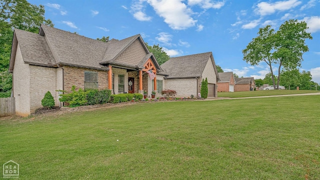 craftsman-style home with an attached garage, brick siding, and roof with shingles