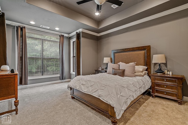 carpeted bedroom with baseboards, ornamental molding, recessed lighting, and a ceiling fan