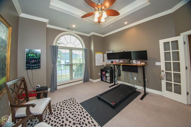 exercise area featuring a tray ceiling, crown molding, and carpet flooring
