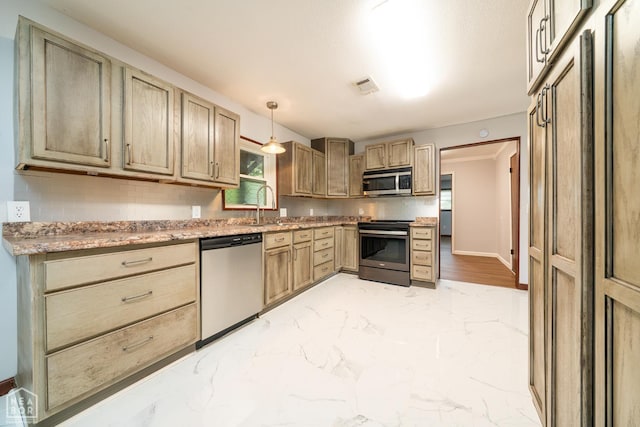 67 Razorback Dr, Hoxie, AR 72433 - kitchen with stainless steel appliances, light marble finish flooring, a sink, baseboards, and light brown cabinets