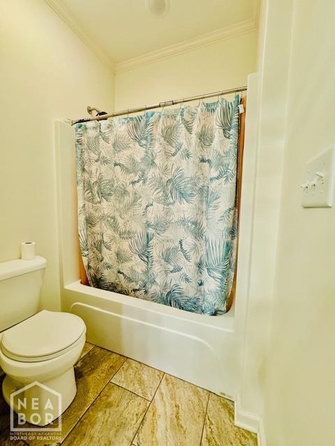 3803 Stone Ridge Dr, Paragould, AR 72450 - bathroom featuring crown molding, shower / bath combination with curtain, toilet, and tile patterned floors