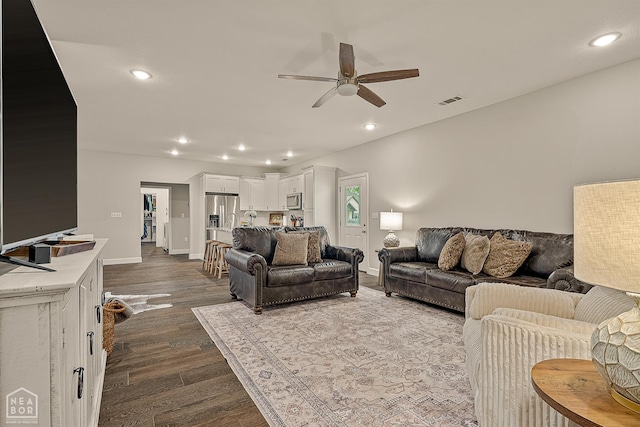 3604 Fieldstone Dr, Paragould, AR 72450 - living room with a ceiling fan, recessed lighting, and dark wood-style floors