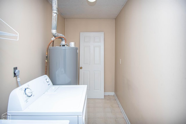 2209 Greensboro Rd, Jonesboro, AR 72405 - laundry room with washer / clothes dryer, gas water heater, light flooring, baseboards, and a textured ceiling