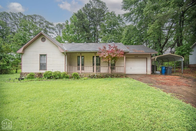 2209 Greensboro Rd, Jonesboro, AR 72405 - ranch-style house with covered porch, a front yard, driveway, a garage, and a detached carport