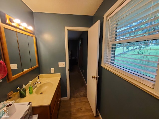 800 Hilltop Dr, Piggott, AR 72454 - bathroom with wood finished floors, vanity, and baseboards