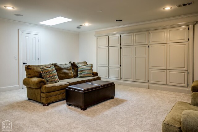 1203 Dove Rd, Jonesboro, AR 72401 - carpeted living room with crown molding, recessed lighting, and a skylight