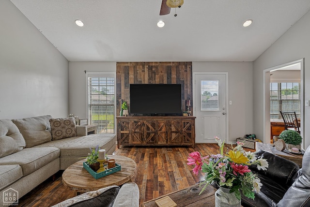 5007 S 28th St, Paragould, AR 72450 - living area featuring hardwood / wood-style floors, vaulted ceiling, ceiling fan, and recessed lighting