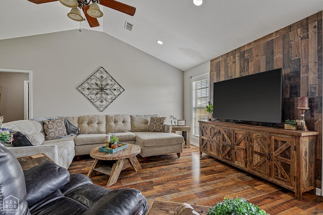 5007 S 28th St, Paragould, AR 72450 - living room with lofted ceiling, ceiling fan, hardwood / wood-style flooring, and recessed lighting