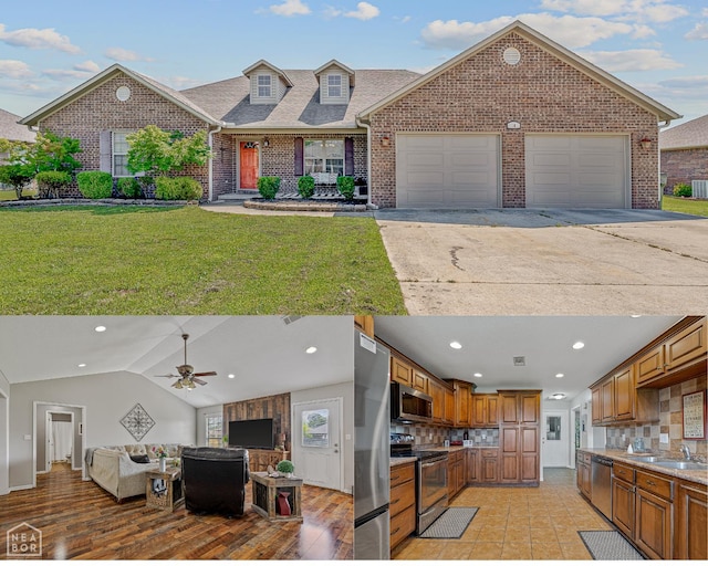 5007 S 28th St, Paragould, AR 72450 - kitchen featuring appliances with stainless steel finishes, open floor plan, vaulted ceiling, brown cabinetry, and decorative backsplash