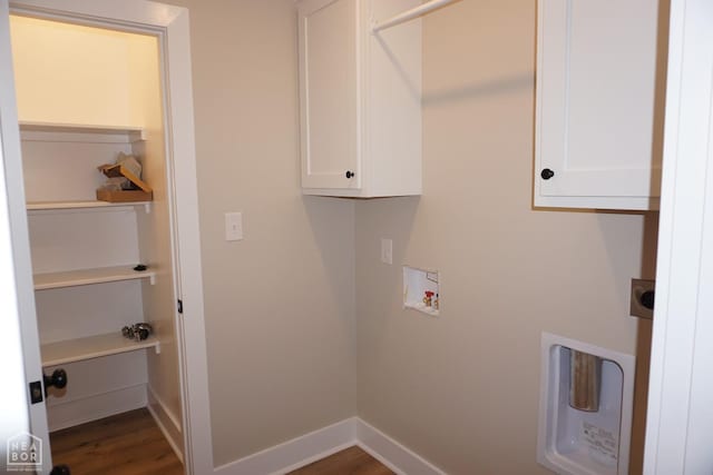 4312 Trailwater Dr, Jonesboro, AR 72404 - washroom featuring cabinet space, hookup for a washing machine, dark wood-style floors, and baseboards