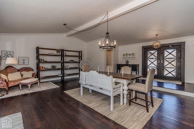 106 Winston Pl, Paragould, AR 72450 - dining space with a chandelier, crown molding, dark wood-style flooring, french doors, and baseboards