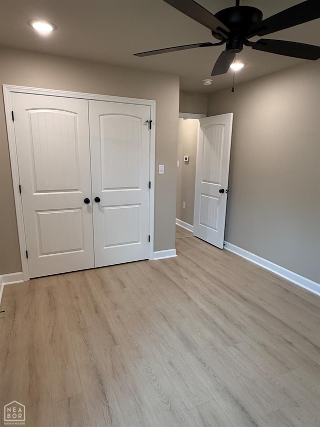 5709 Morgan Dr, Jonesboro, AR 72401 - unfurnished bedroom featuring baseboards, light wood-type flooring, a closet, recessed lighting, and a ceiling fan