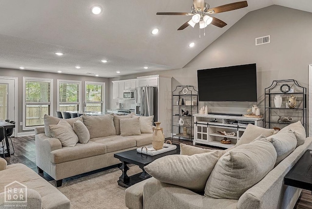 2100 N 29th St, Paragould, AR 72450 - living room with recessed lighting, a ceiling fan, vaulted ceiling, and visible vents