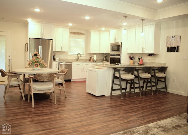 kitchen featuring stainless steel appliances, a peninsula, dark wood-style floors, and crown molding