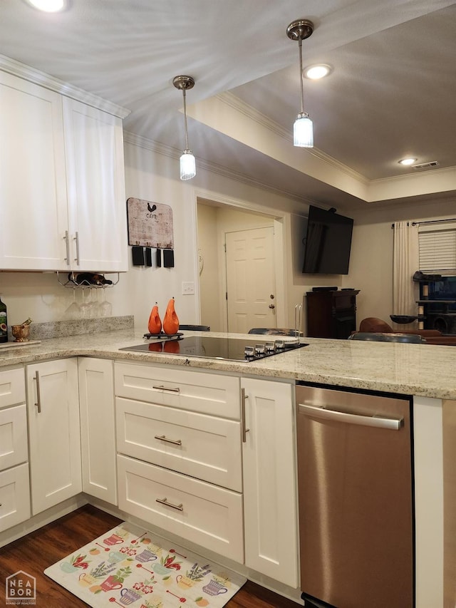 kitchen with black electric stovetop, dark wood-style floors, white cabinetry, a tray ceiling, and stainless steel dishwasher