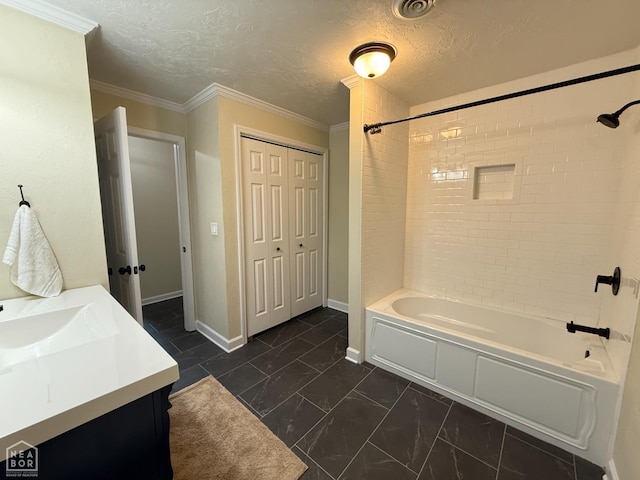 1354 Wiley Dr, Piggott, AR 72454 - full bath featuring shower / bath combination, vanity, marble finish floors, and a textured ceiling