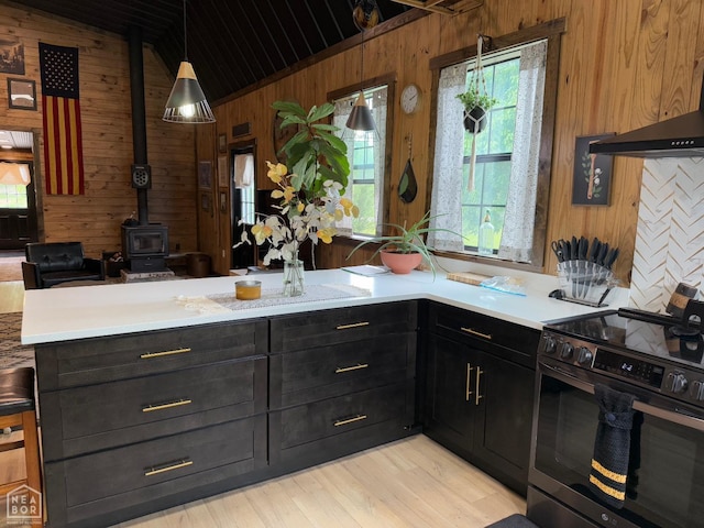 2052 Central Blvd, Bull Shoals, AR 72619 - kitchen with electric range, wooden walls, light countertops, a wood stove, and dark cabinets