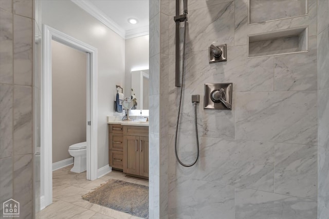 4260 Weldon Cv, Jonesboro, AR 72404 - bathroom with crown molding, vanity, toilet, tiled shower, and marble finish flooring