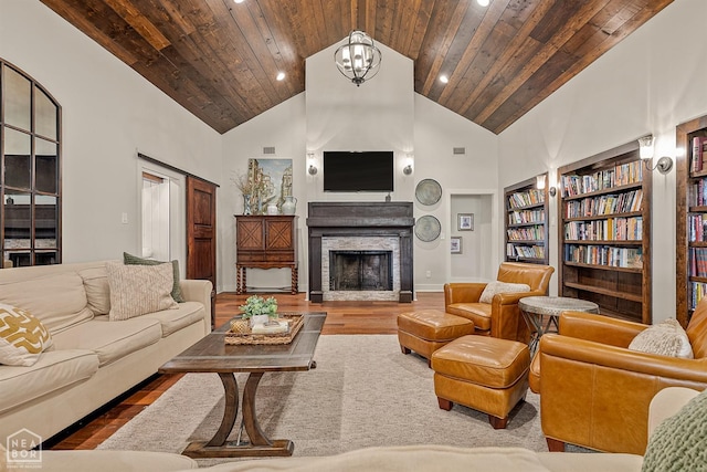 803 Fairway Dr, Jonesboro, AR 72401 - living area featuring built in features, high vaulted ceiling, wooden ceiling, and wood finished floors