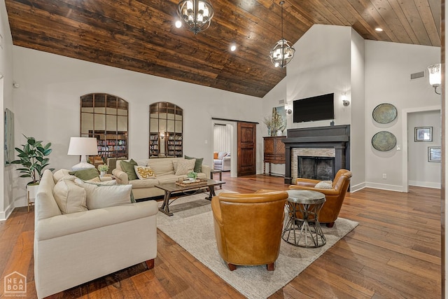 803 Fairway Dr, Jonesboro, AR 72401 - living room with visible vents, baseboards, wooden ceiling, a fireplace, and high vaulted ceiling