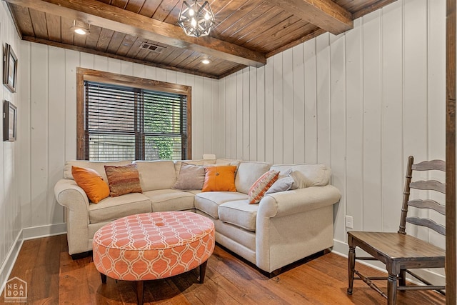 803 Fairway Dr, Jonesboro, AR 72401 - living room with wooden walls, wood ceiling, hardwood / wood-style floors, and beam ceiling