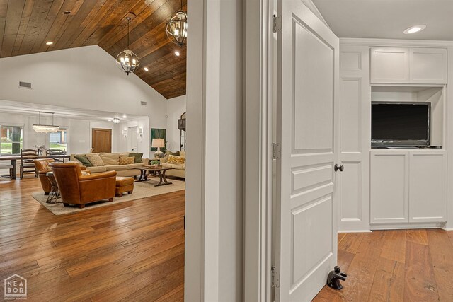 803 Fairway Dr, Jonesboro, AR 72401 - corridor featuring high vaulted ceiling, recessed lighting, light wood finished floors, and wood ceiling