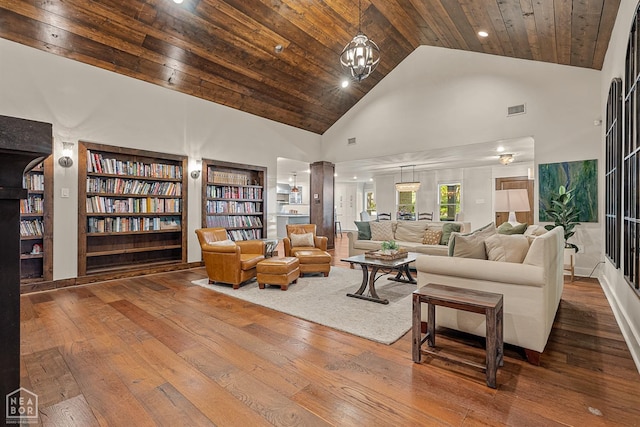 803 Fairway Dr, Jonesboro, AR 72401 - living area featuring built in features, wood ceiling, visible vents, high vaulted ceiling, and hardwood / wood-style flooring