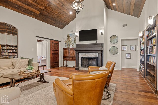 803 Fairway Dr, Jonesboro, AR 72401 - living room with wooden ceiling, high vaulted ceiling, a fireplace, and hardwood / wood-style flooring