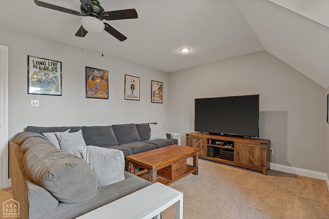 3293 Abigail Ct, Jonesboro, AR 72404 - living area with light carpet, ceiling fan, baseboards, lofted ceiling, and recessed lighting