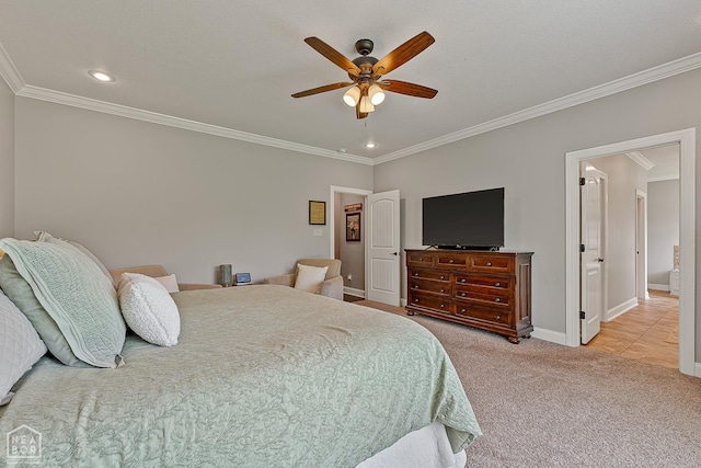 3293 Abigail Ct, Jonesboro, AR 72404 - bedroom featuring crown molding, baseboards, light carpet, recessed lighting, and ceiling fan