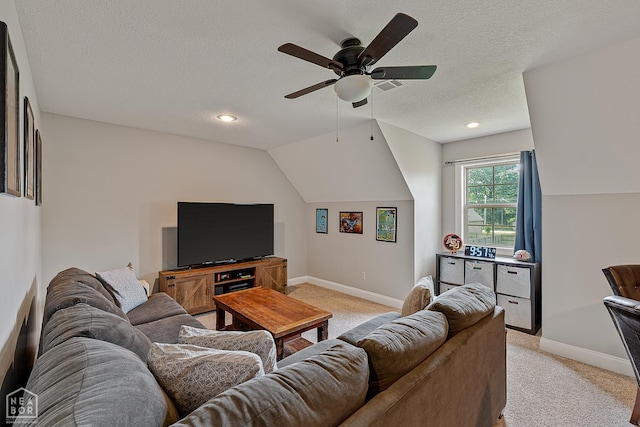3293 Abigail Ct, Jonesboro, AR 72404 - living room with light colored carpet, a ceiling fan, a textured ceiling, baseboards, and vaulted ceiling