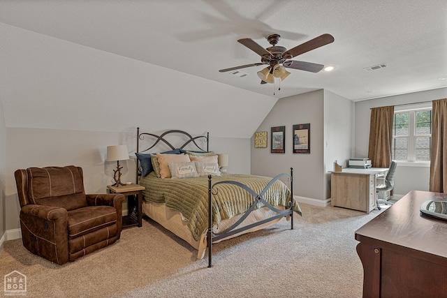 3293 Abigail Ct, Jonesboro, AR 72404 - bedroom featuring light colored carpet, baseboards, vaulted ceiling, and ceiling fan