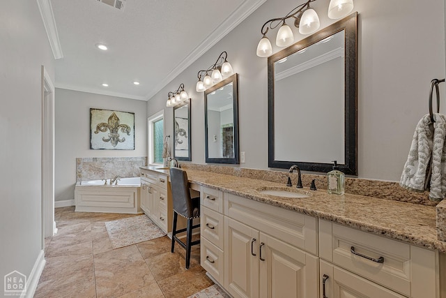 3293 Abigail Ct, Jonesboro, AR 72404 - bathroom with ornamental molding, double vanity, a garden tub, baseboards, and recessed lighting