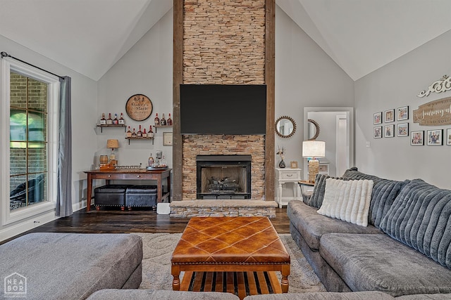 3293 Abigail Ct, Jonesboro, AR 72404 - living area with high vaulted ceiling, wood finished floors, and a fireplace