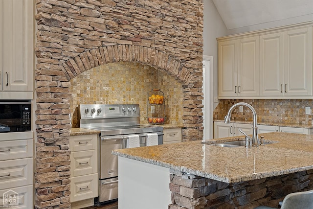 3293 Abigail Ct, Jonesboro, AR 72404 - kitchen featuring electric stove, a sink, lofted ceiling, tasteful backsplash, and light stone counters