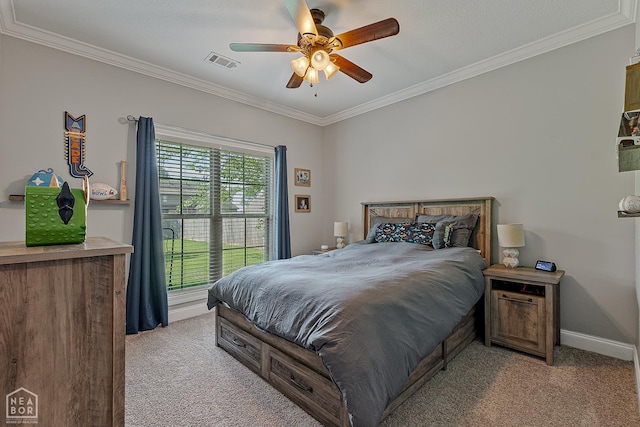 3293 Abigail Ct, Jonesboro, AR 72404 - bedroom featuring light carpet, ornamental molding, baseboards, and a ceiling fan