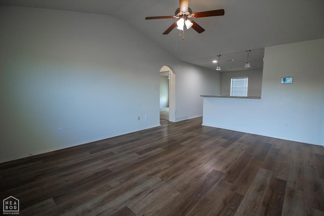 2404 Judes Ct, Jonesboro, AR 72404 - unfurnished room with arched walkways, a ceiling fan, lofted ceiling, and dark wood finished floors
