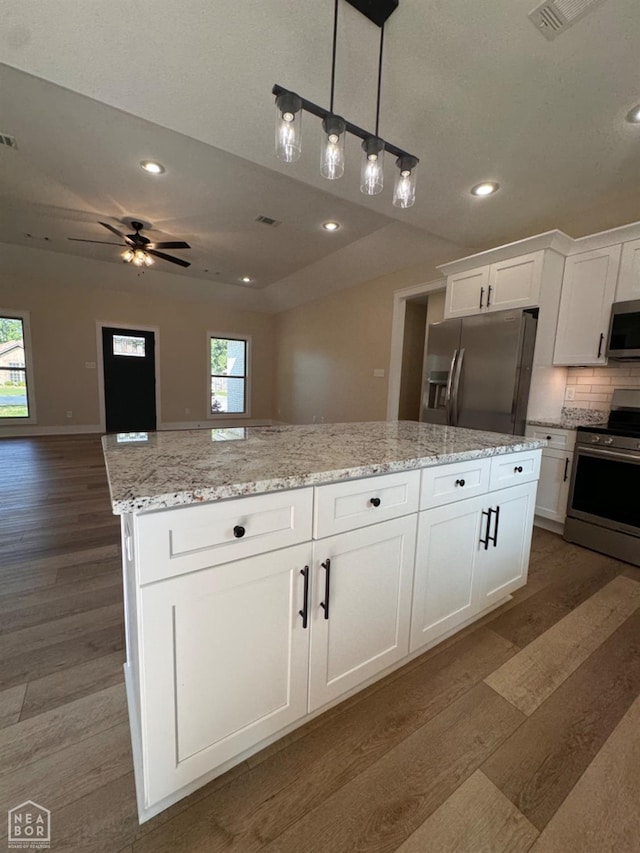 100 Lenford Dr, Bono, AR 72416 - kitchen with stainless steel appliances, wood finished floors, recessed lighting, white cabinets, and a ceiling fan