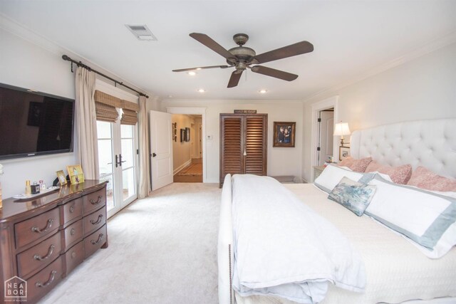 1105 Cardinal Rd, Jonesboro, AR 72401 - bedroom with ornamental molding, light colored carpet, access to exterior, recessed lighting, and ceiling fan