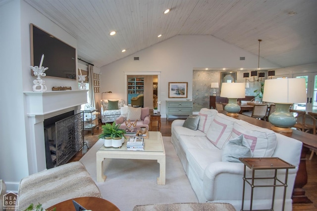 1105 Cardinal Rd, Jonesboro, AR 72401 - living room featuring lofted ceiling, wooden ceiling, a fireplace, recessed lighting, and wood finished floors