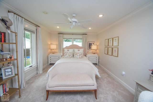 1105 Cardinal Rd, Jonesboro, AR 72401 - bedroom with light carpet, crown molding, recessed lighting, and a ceiling fan