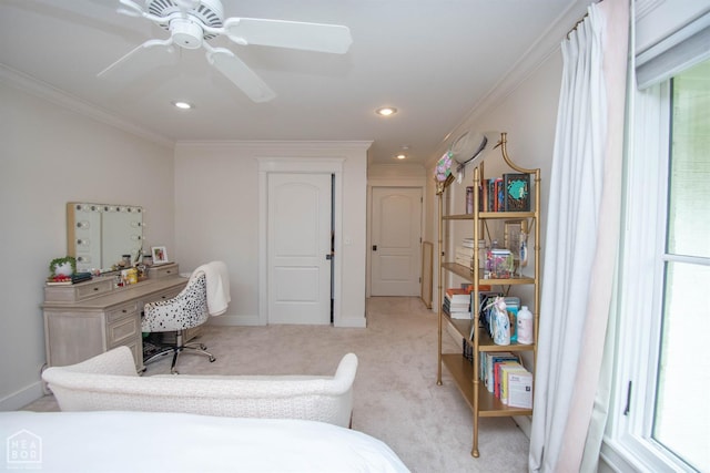 1105 Cardinal Rd, Jonesboro, AR 72401 - carpeted bedroom with crown molding, recessed lighting, and a ceiling fan
