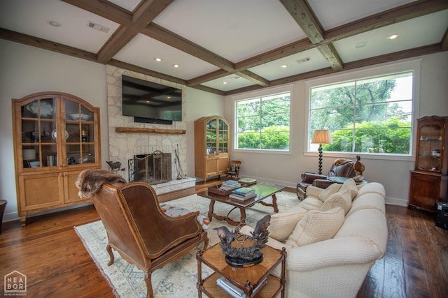 1105 Cardinal Rd, Jonesboro, AR 72401 - living room featuring coffered ceiling, dark wood-type flooring, beamed ceiling, a fireplace, and recessed lighting