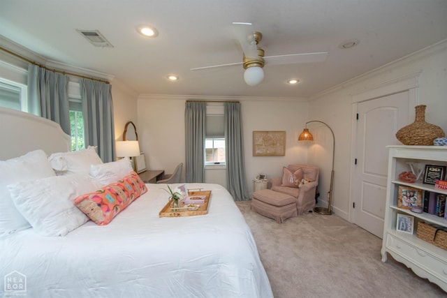 1105 Cardinal Rd, Jonesboro, AR 72401 - carpeted bedroom featuring multiple windows, crown molding, recessed lighting, and ceiling fan
