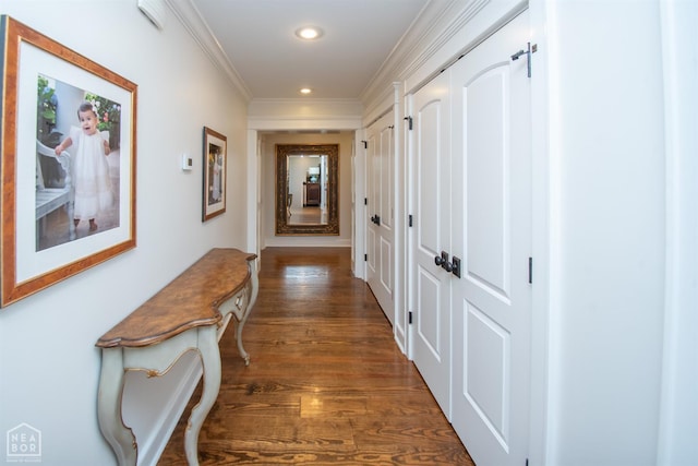 1105 Cardinal Rd, Jonesboro, AR 72401 - hallway with recessed lighting, dark wood-type flooring, and ornamental molding