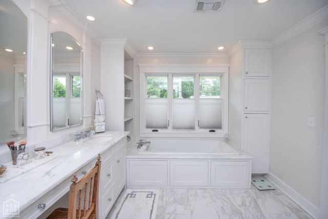 1105 Cardinal Rd, Jonesboro, AR 72401 - bathroom featuring vanity, a garden tub, crown molding, recessed lighting, and marble look tile flooring