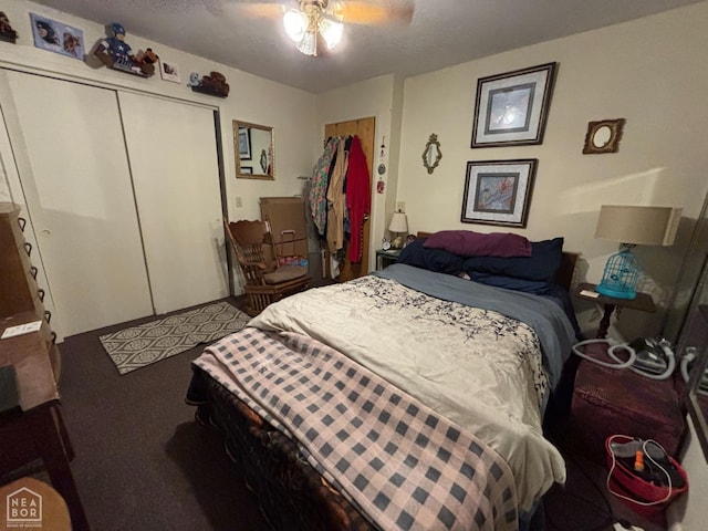 bedroom featuring carpet, a closet, and a ceiling fan