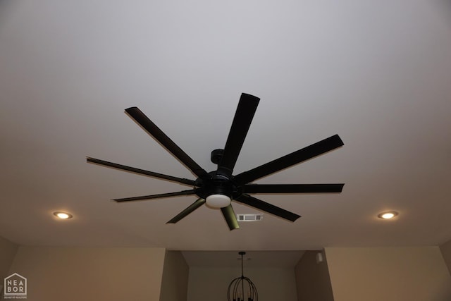 room details with ceiling fan, visible vents, and recessed lighting
